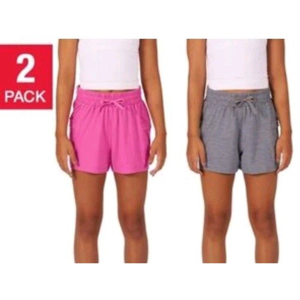 Soybu Girls Shorts Pink Gray Grey 2-Pack Elastic Waist UPF 50+ Pockets S 7/8